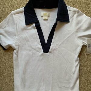 Anthropologie NWT Maeve White Shirt with Navy Collar